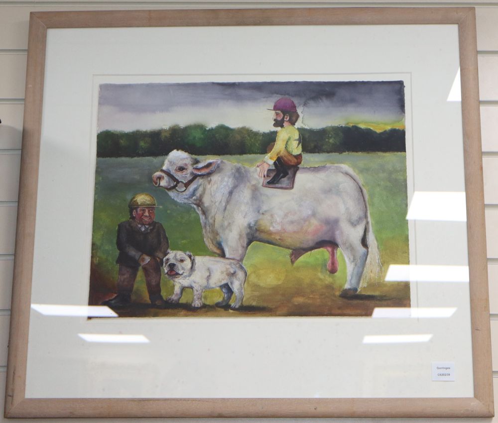 Alan Parker (b.1965), watercolour, Jockey on a bull and man with bulldog, signed in pencil and dated 92, 44 x 57cm